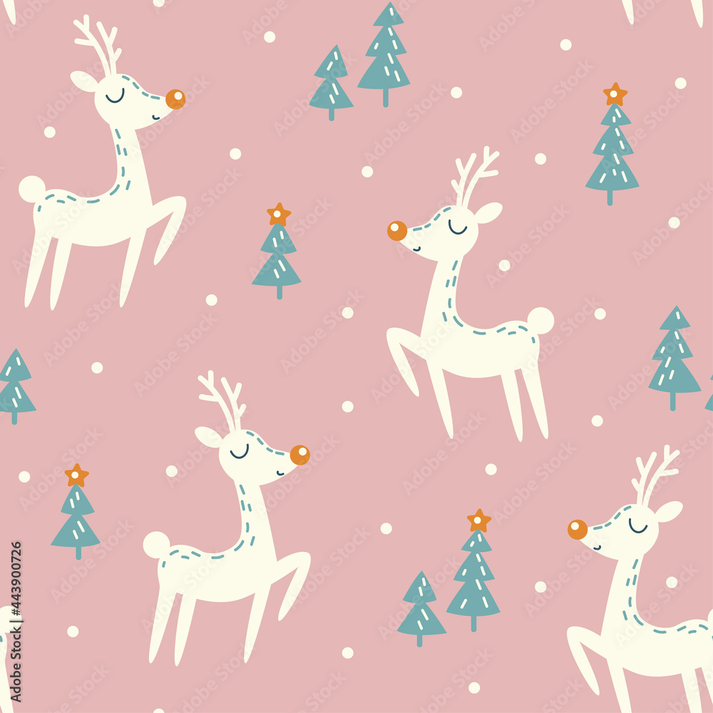 Seamless repeat pattern Christmas deer, Christmas tree, snow. Christmas theme. Seamless repeat pattern Christmas deer, Christmas tree, snow. Christmas theme.