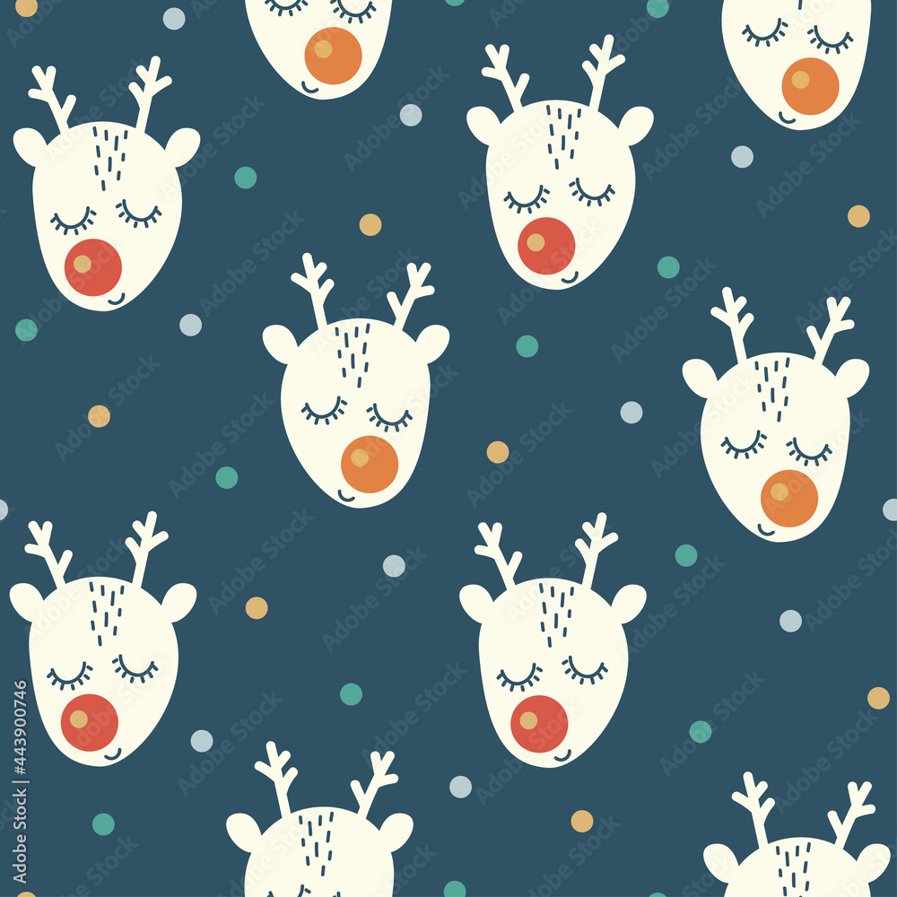 Seamless repeating pattern Christmas deer on a dark background. Vector cute illustrations in hand-drawn Scandinavian cartoon style on the New Year theme. Suitable for wrapping paper, packaging. Seamless repeating pattern Christmas deer on a dark background. Vector cute illustrations in hand-drawn Scandinavian cartoon style on the New Year theme. Suitable for wrapping paper, packaging.