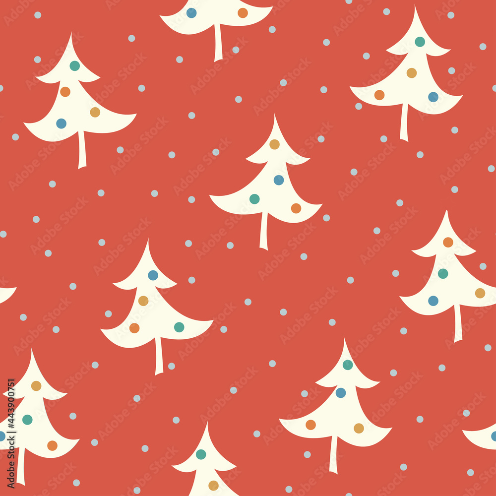 Seamless New Year's pattern with silhouettes of Christmas trees on a red background.