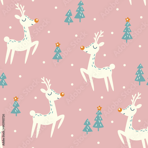 Seamless repeat pattern Christmas deer  Christmas tree  snow. Christmas theme.