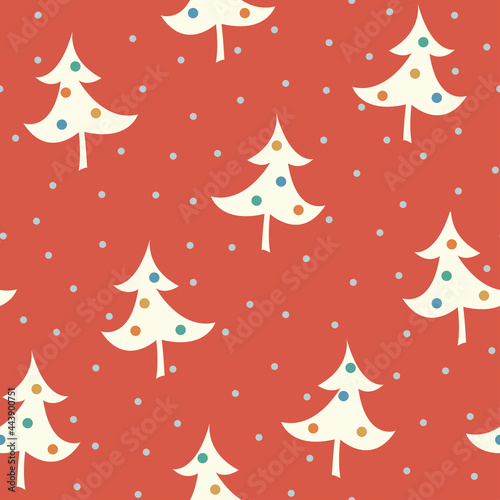 Seamless New Year's pattern with silhouettes of Christmas trees on a red background. © Hanna