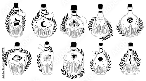 Magic black and white graphic bottles with esoteric symbols, leaves, crystals. Witchcraft set. Vector illusrtation on white background. 