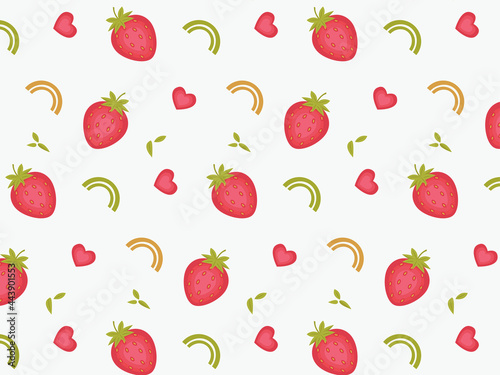 Summer pattern with strawberries  hearts  leaves and arcs on a white background. Print for children s clothing  household items  textiles