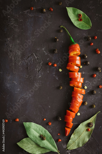 red hot chili pepper corns and pods on dark vintage metal culinary background, top view copyspace