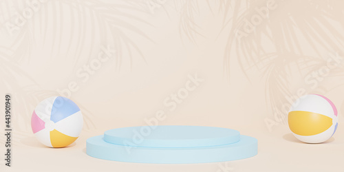 Blue podium or pedestal for products or advertising on tropical beige background with beach balls  3d render
