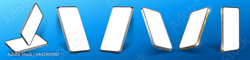 Cellphone frame with blank display isolated templates, phone different angles views. Mockup smartphone device collection with thin frame and blank screen isolated. Vector template app or ux design