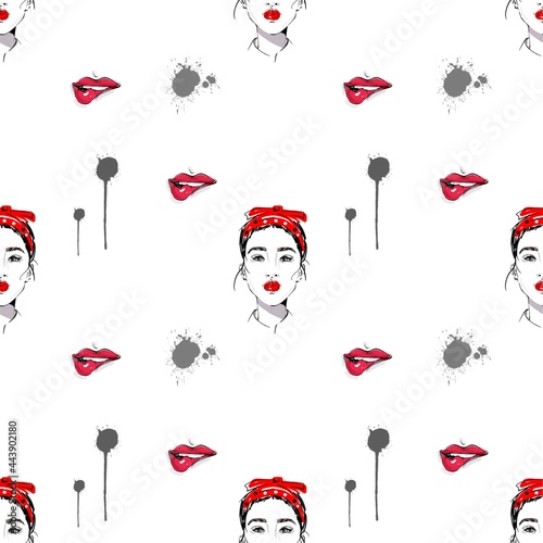 Digital illustration seamless pattern - a girl's face, red lips and watercolor gray spots. For wallpaper, fabric, packaging, websites.