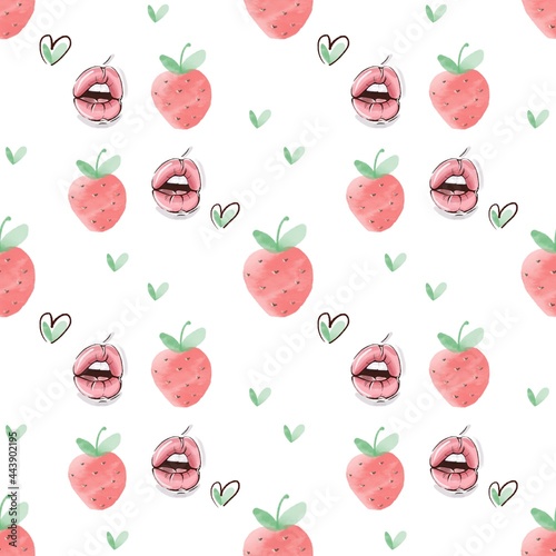 Seamless digital pattern in watercolor technique of strawberry berries, lips and green leaves in the form of a heart. For packaging, fabric, websites, wallpaper.