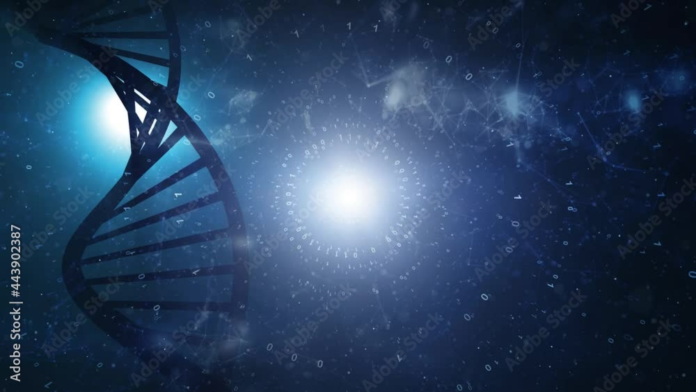 Dna double helix structure rotation on artistic blurry science computer screen.