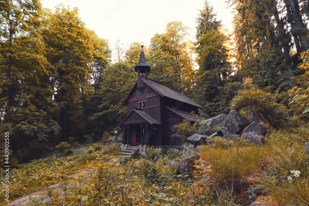 Old wooden chapel in the forest near Stozec, Czech republic