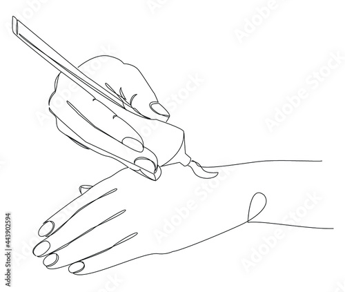 Silhouettes of human hands covered with cream in a modern one line style. Continuous line drawing, aesthetic outline for home decor, posters, wall art, stickers, logo. Vector illustration.