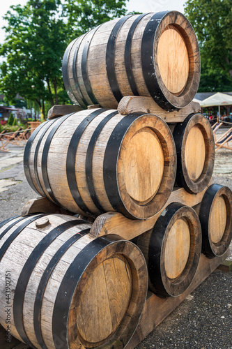 A pile of barrels standing on the yard of brewery in Zwierzyniec, Poland