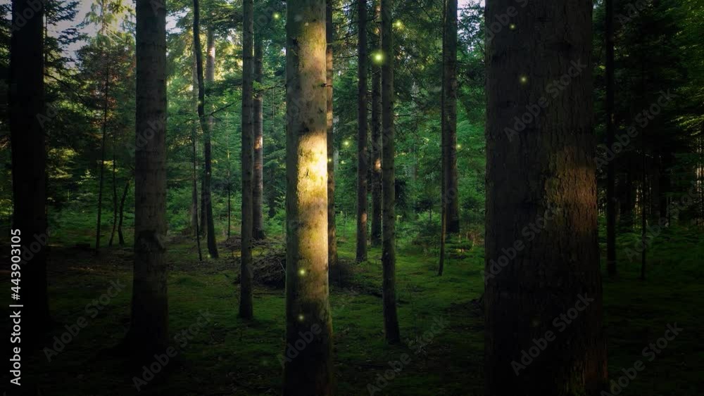 Magic green forest trees nature with random flying fireflies. Dreamy dark mystical light with firefly lights in fairy tale woodland.