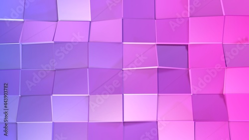 3d rendering of low poly background with 3d objects and modern gradient colors purple red blue. Creative simple geometric background of polygons.