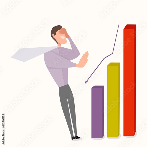 Finance, Investment, business, exchange. A businessman analyzes the cost of investments on the financial exchange. The down arrow indicates a decrease in income, collapse, failures