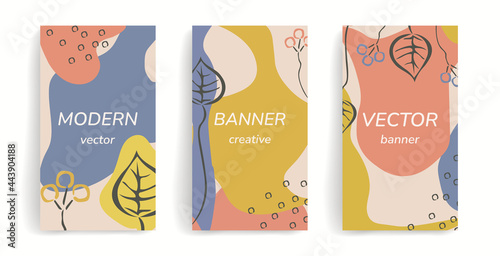 Set trendy abstract art templates with floral and geometric elements. Suitable for social media posts, stories, mobile apps, websites, banner ads, and online ads. Vector fashion backgrounds with text.