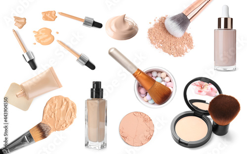 Set with different liquid foundation and face powder on white background