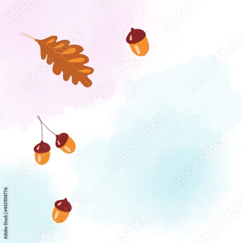 Digital illustration - oak leaf and acorns on a background of pink and blue watercolor stains with a copy of the space.