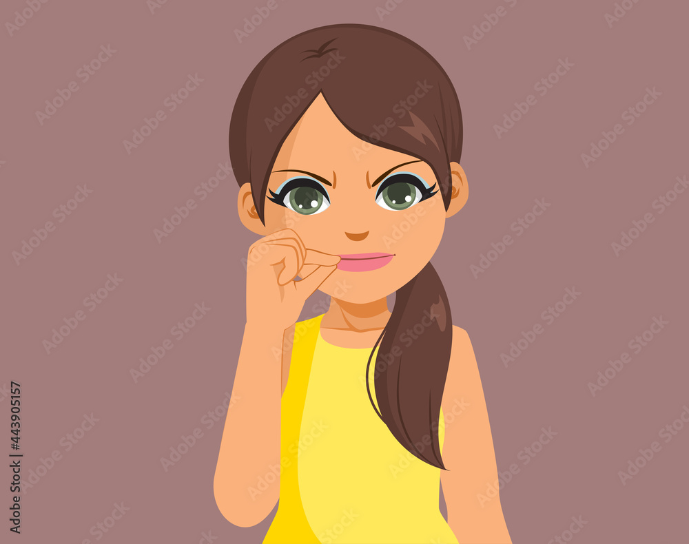 Angry brunette woman making zip closing mouth gesture silence concept Angry brunette woman making zip closing mouth gesture silence concept