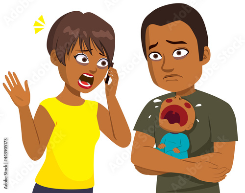 Young helpless parents with crying baby calling pediatrician on an emergency