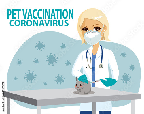 Female veterinarian applying shot to little rabbit bunny pet vaccination for Coronavirus vaccine campaign