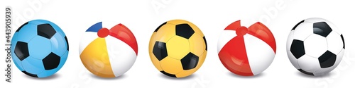 Set of beach and soccer balls. Vector 3D realistic glossy balls. Isolated illustration on a white substrate.