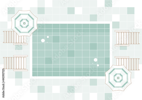 Swimming pool, outdoor furniture and patio items top view