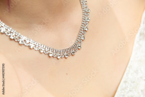 Necklace on the chest of the bride heading to the wedding