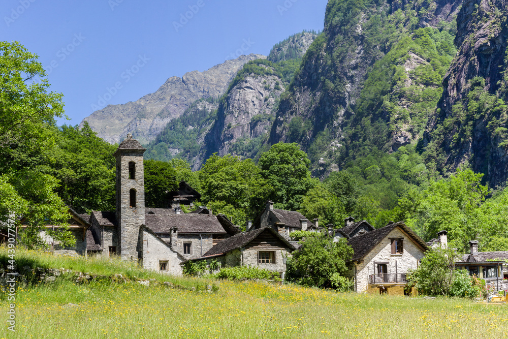 The idyllic Alps mountain village Foroglio in the Italian-speaking canton Ticino, Switzerland