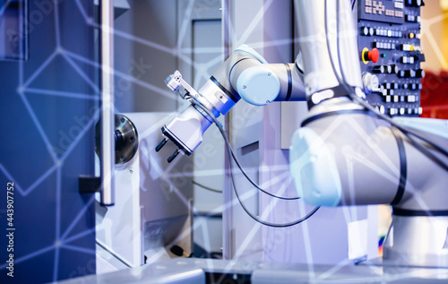 Automatic machine robot arm tool in manufacture factory. Concept smart Industrial 4.0 technology