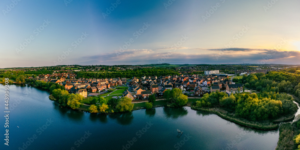 Panoramic drone aerial view of Manvers Lake, Rotherham, South Yorkshire