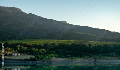 Vineyards surrounded by rocky mountains in the early morning next to a mountain lake.