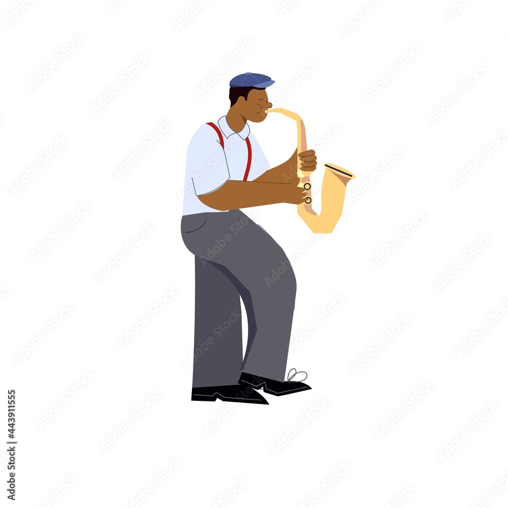 Saxophone player isolated. Flat vector stock illustration. Afro man with saxophone. Home Online learning music by tablet Saxophone player isolated. Flat vector stock illustration. Afro man with saxophone. Home Online learning music by tablet