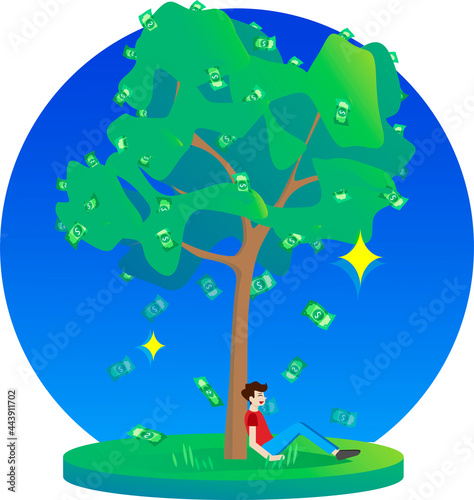 Cash tree with a man. Round background.
Man under a tree