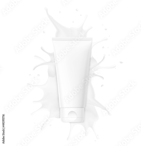 Blank plastic tube mockup for cosmetics with splash. Front view. Vector illustration isolated on white background. Can be use for your design, advertising, promo and etc. EPS10.	