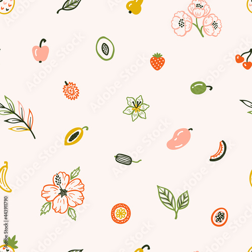 Tropical Floral Fruit Seamless Pattern. Summer Background with Fruits, Berries, Flowers and Leaves. Vector illustration