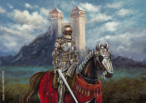 Oil paintings landscape, fine art. Medieval knight with sword, rider on horse.