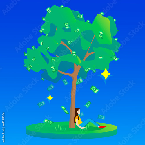 Cash tree with a woman. Blue background.
Woman under a tree