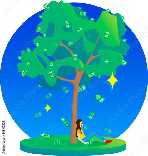 Cash tree with a woman. Round background.
Woman under a tree