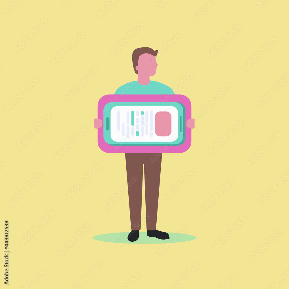 Man holding big paper and phone icon. Man holding a paper. Person ...