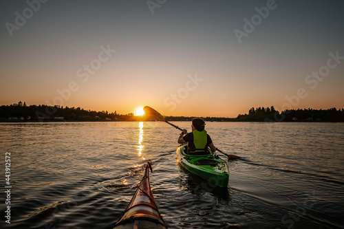 фотографія Girl kayaking in calm sea at midnight in Northern Sweden during light Summer nights