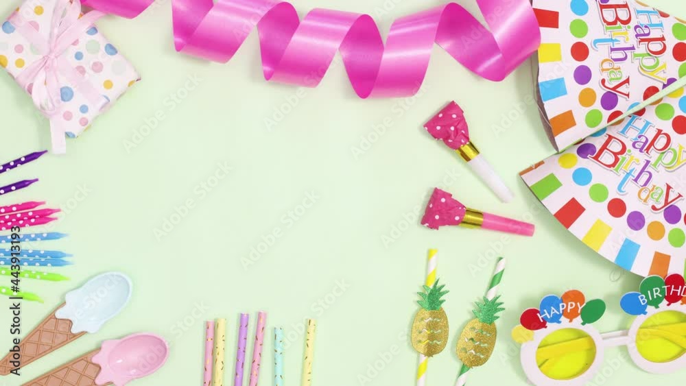 Birthday party decorations making frame for text on green theme. Stop motion Birthday party decorations making frame for text on green theme. Stop motion