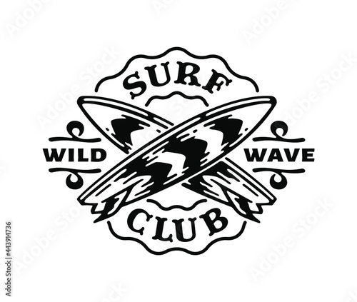 Logo badge of Surfboard in doodle vintage illustration