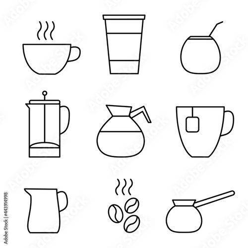 Set of linear icons for coffeeshop. Cup, Teapot, Cup, Coffee, Milkman, Turka, Coffee Maker, Mug, Calabasas, Bombilla.