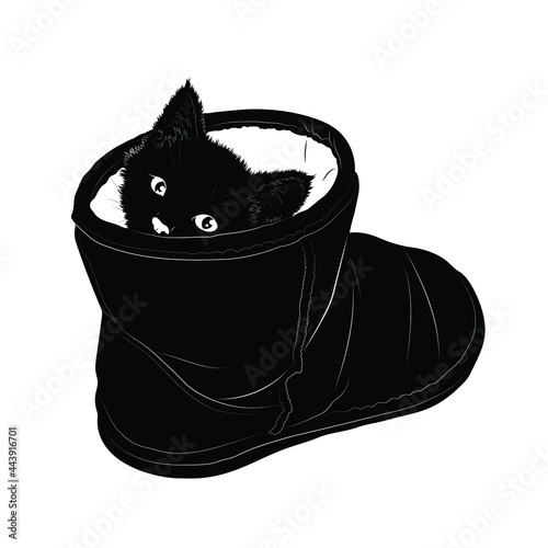 Vector illustration. Silhouette of domestic kitten sitting in a boot. EPS Silhouette