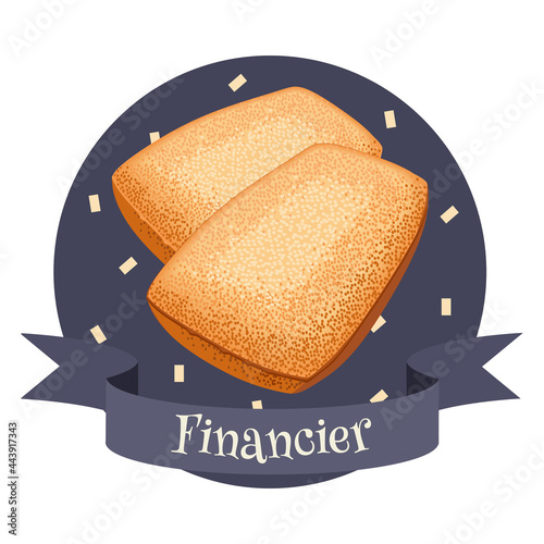 French dessert financier. Colorful vector illustration in cartoon style.