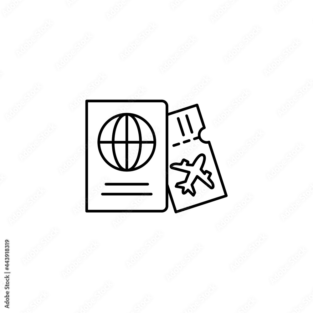 Passport and travel ticket vacation icon in flat black line style, isolated on white background Passport and travel ticket vacation icon in flat black line style, isolated on white background
