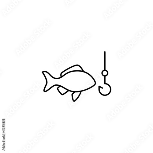 Fishing and hook icon in flat black line style, isolated on white background 