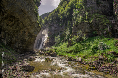 Estrecho waterfall with river during summer in Ordesa y Monte Perdido National Park, Pyrenees, Spain.