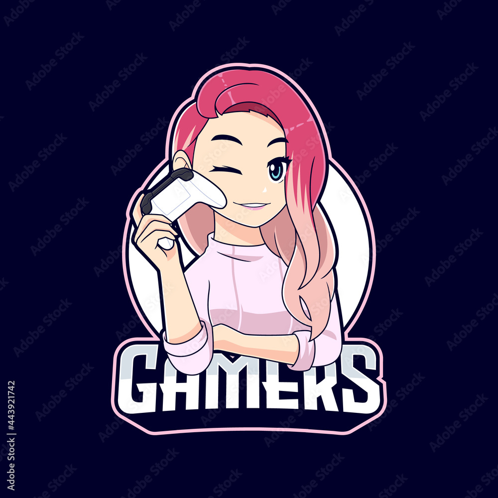Cute stylish gamer girl with pink hair mascot logo Stock Vector Adobe